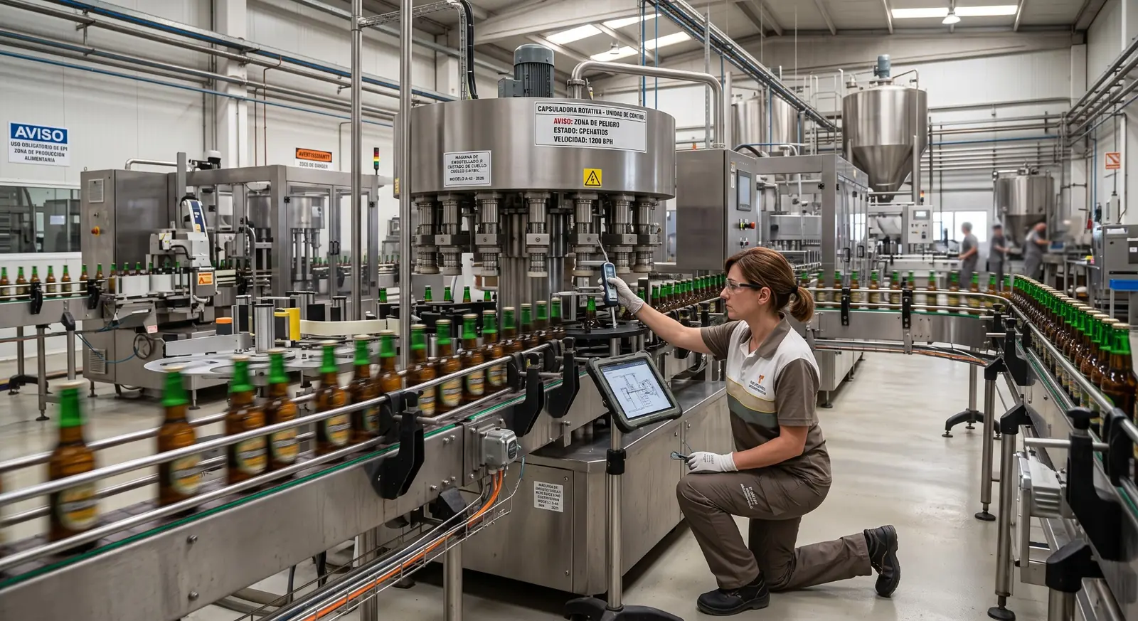 Operator monitoring an automated bottling and packaging line