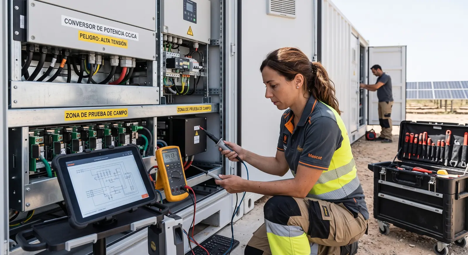 Field engineer testing power-conversion equipment at an energy storage installation
