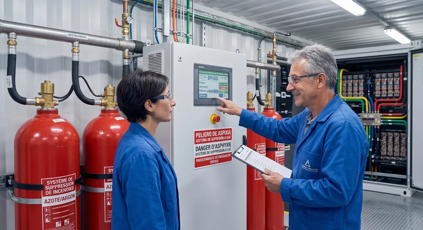 Technical team reviewing fire-suppression controls in a building systems installation