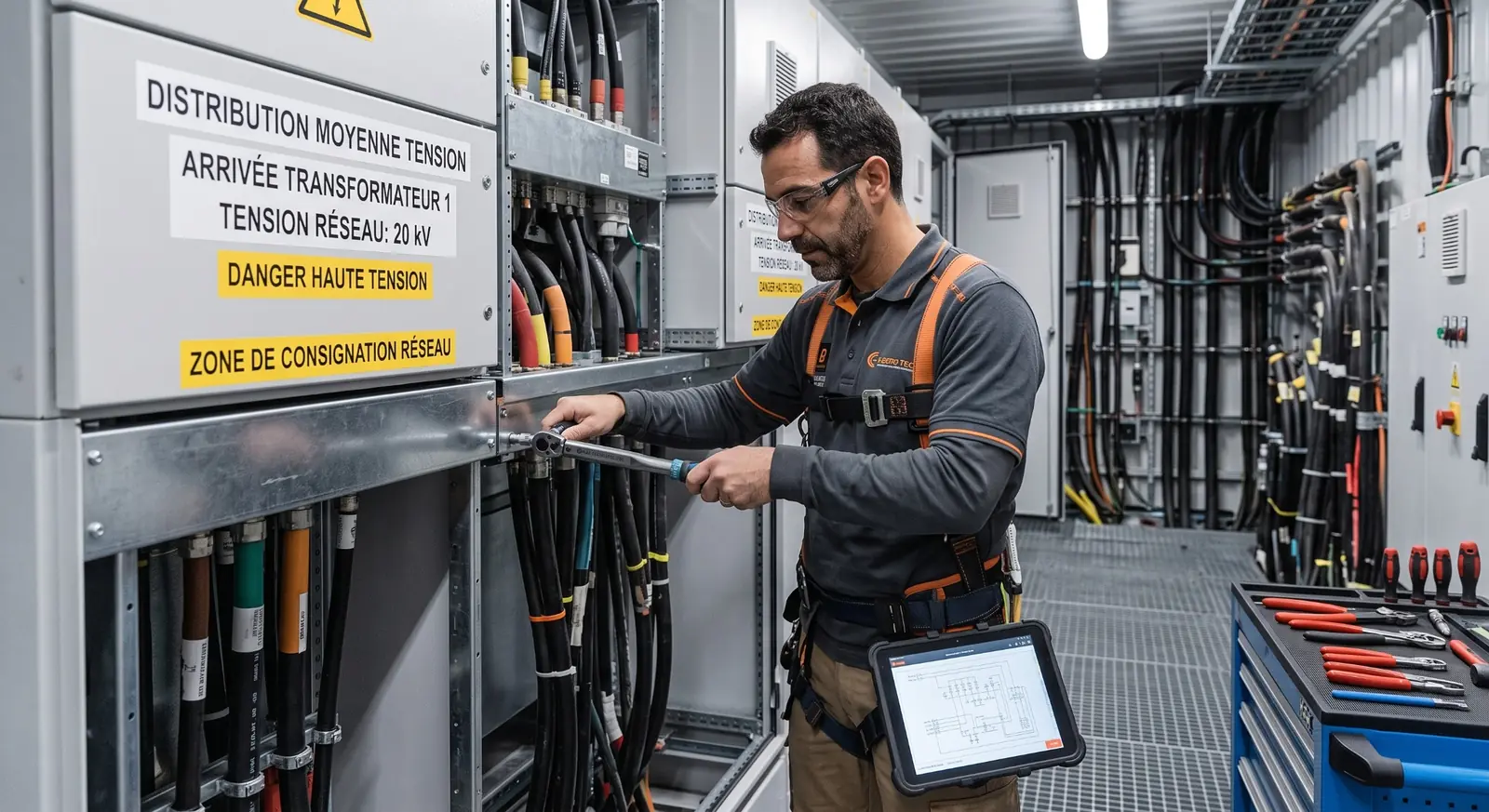 Specialist maintaining medium-voltage distribution equipment in critical infrastructure