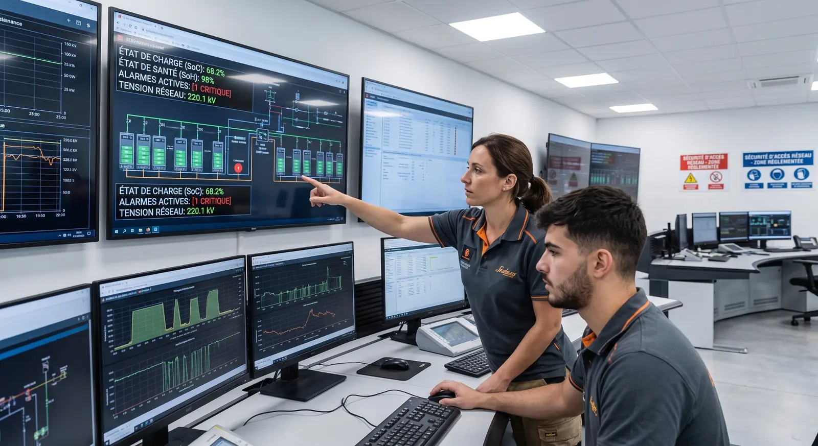 Engineers monitoring energy assets through an EMS and SCADA control environment