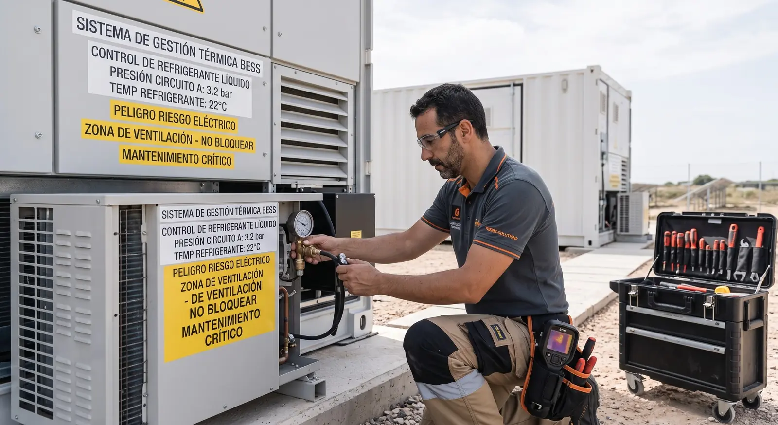 Technician inspecting thermal-management equipment for battery energy storage