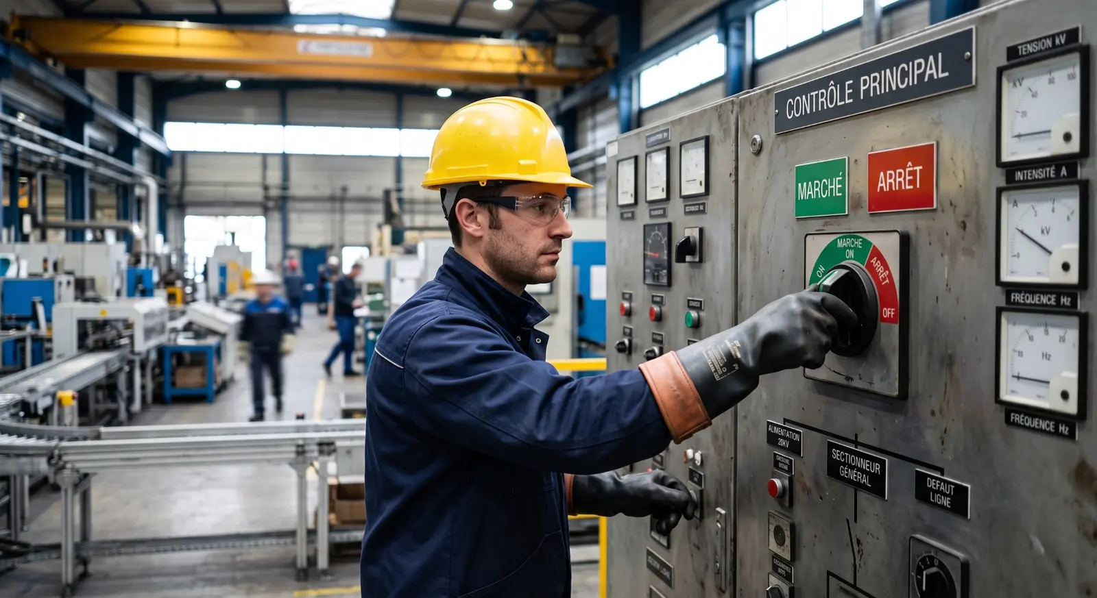 Technician operating industrial control equipment in a French-language production environment