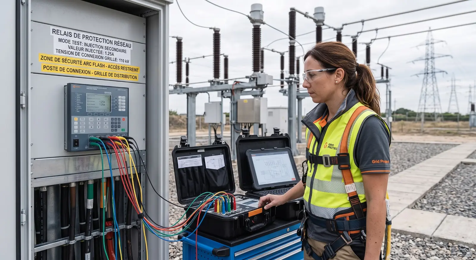 Protection engineer testing relay and control systems at a grid substation