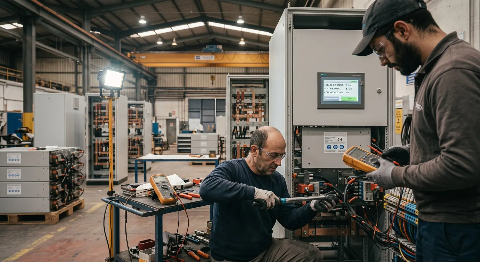Industrial technicians maintaining specialised electrical equipment in a manufacturing plant