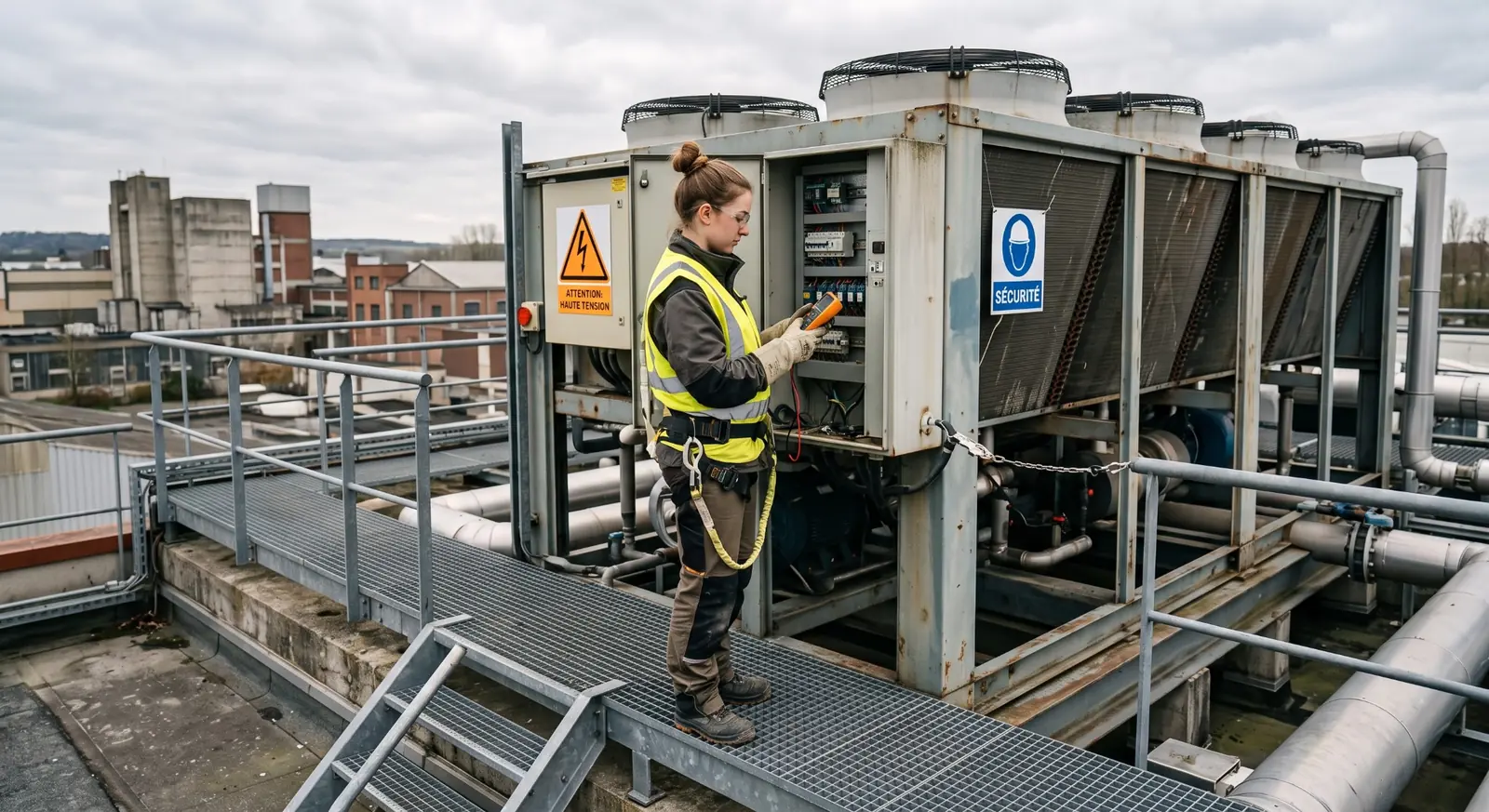 Technician inspecting rooftop HVAC equipment at an industrial facility