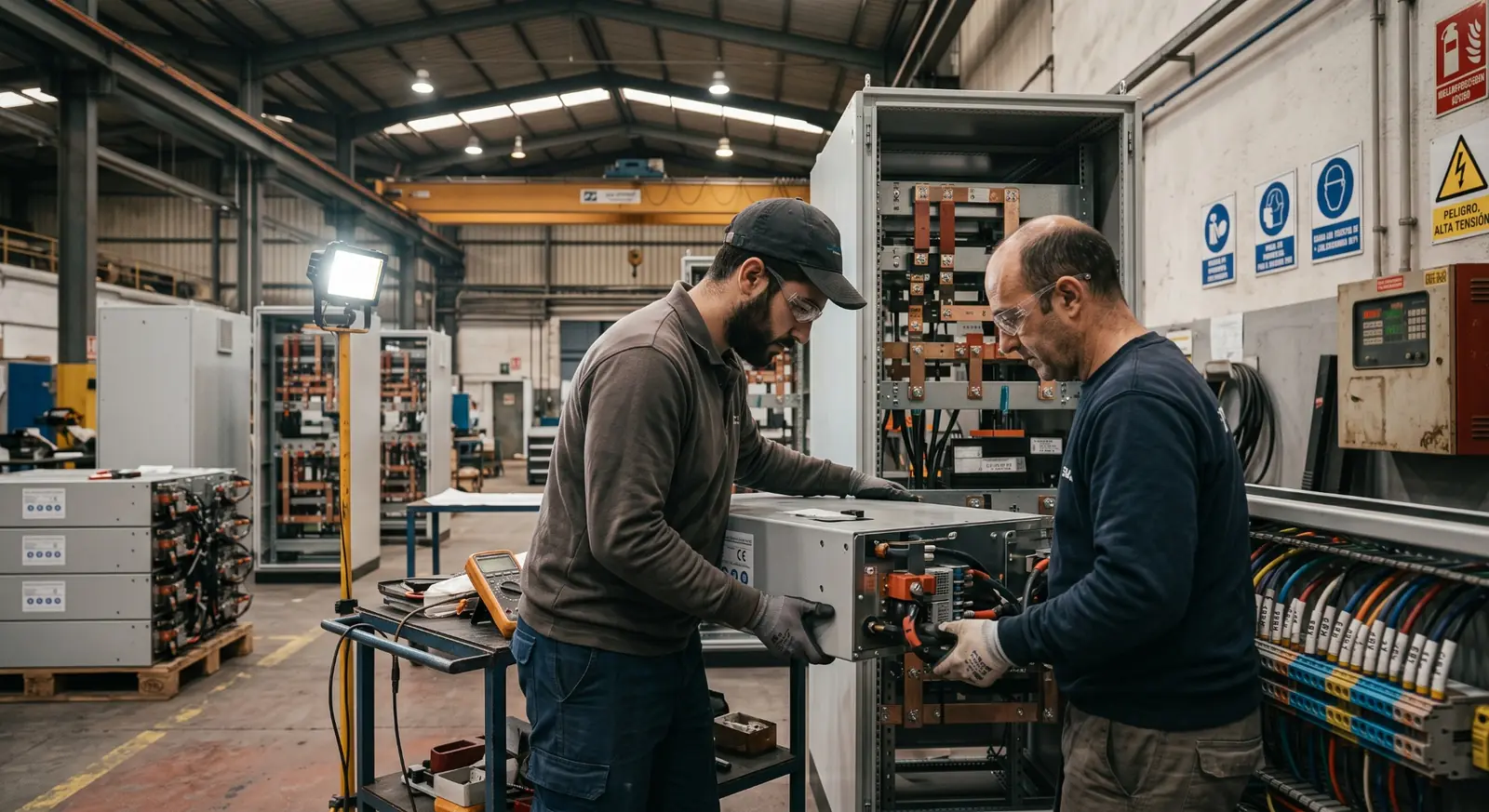 Technical specialists working together in an industrial service workshop