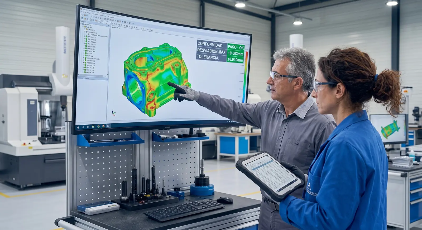 Engineering specialists reviewing a technical product for international market development