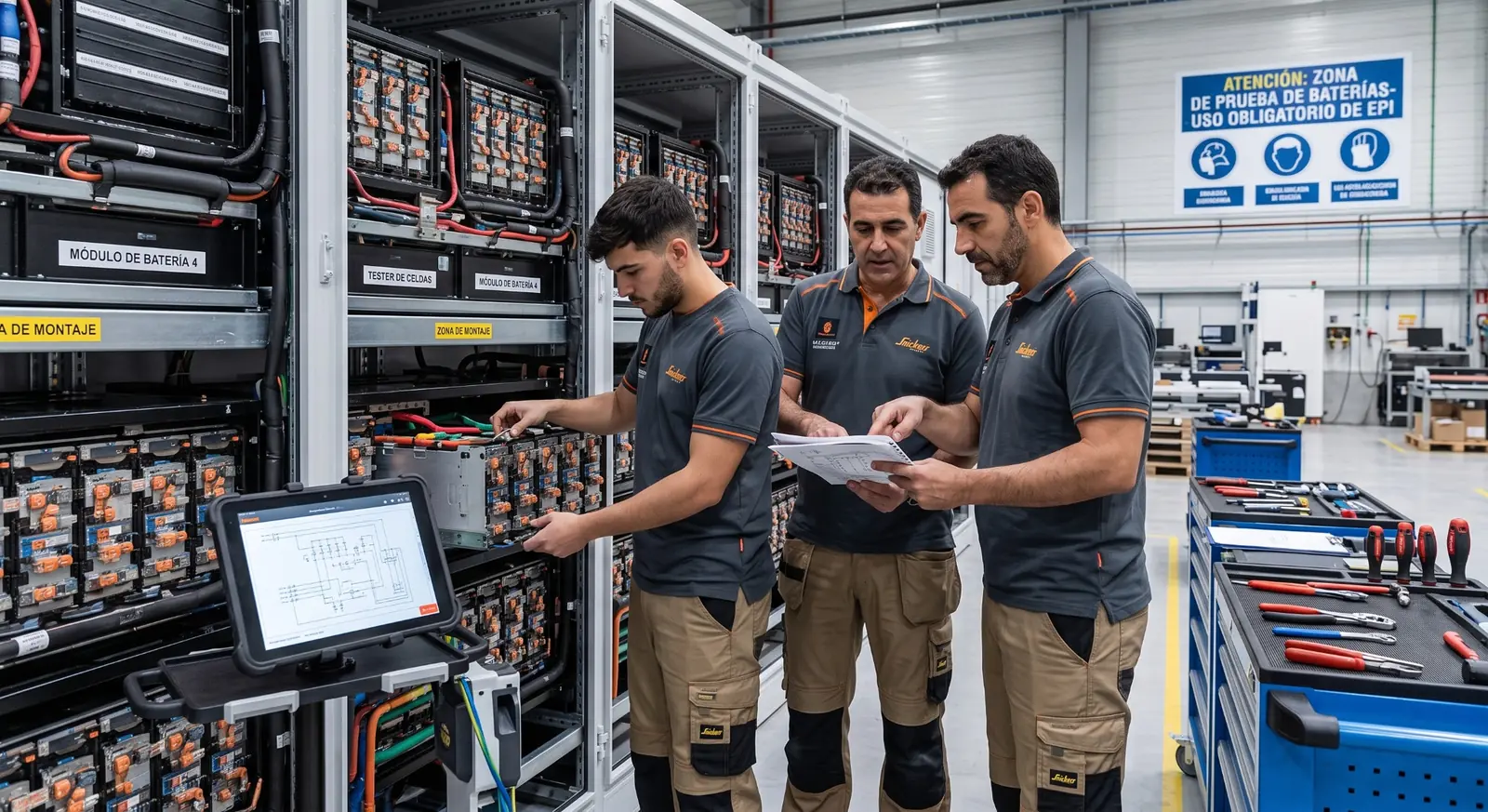 Technical team coordinating work around specialised industrial equipment