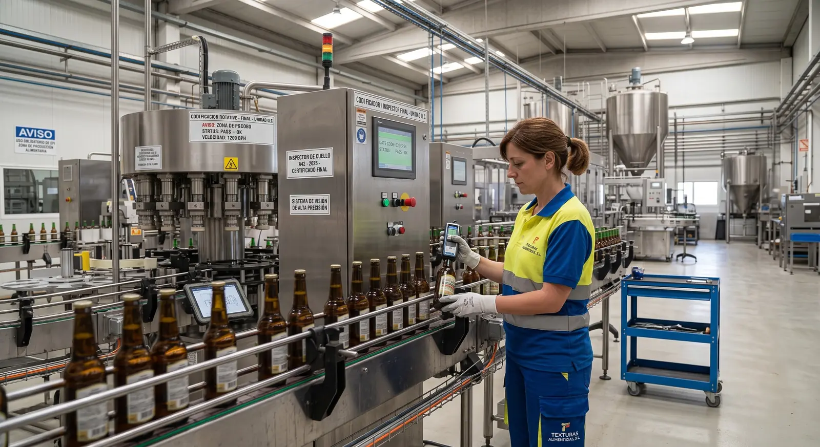 Quality-control specialist inspecting an industrial packaging line