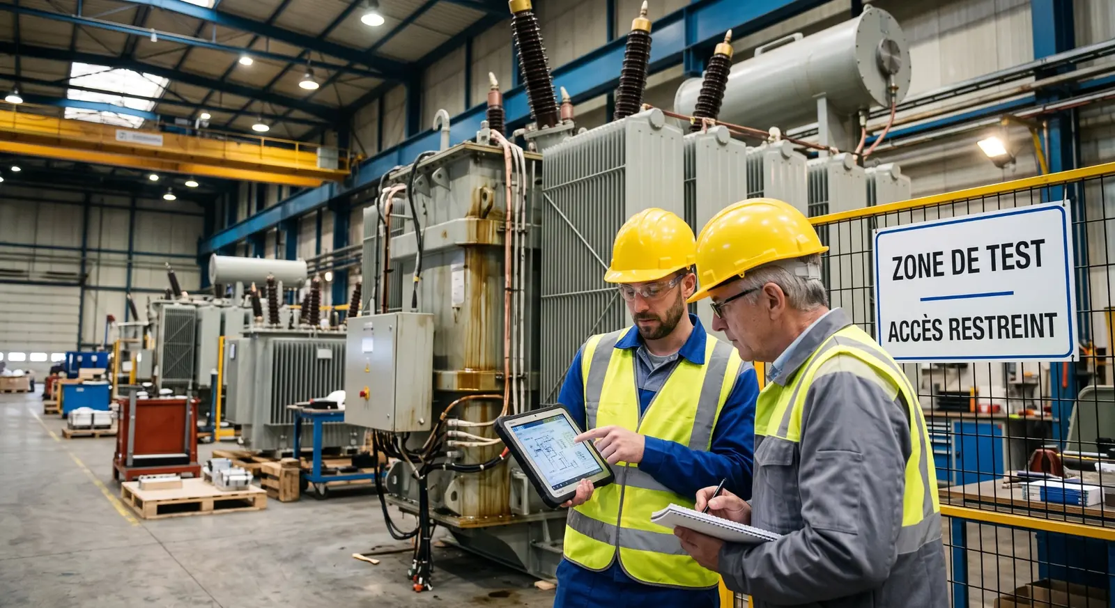 Engineering team evaluating industrial power equipment during factory testing