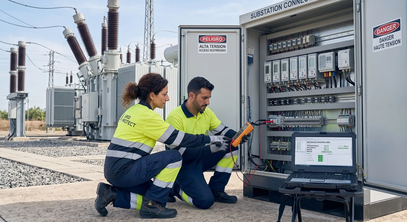 Engineers commissioning protection and control equipment at an electrical substation