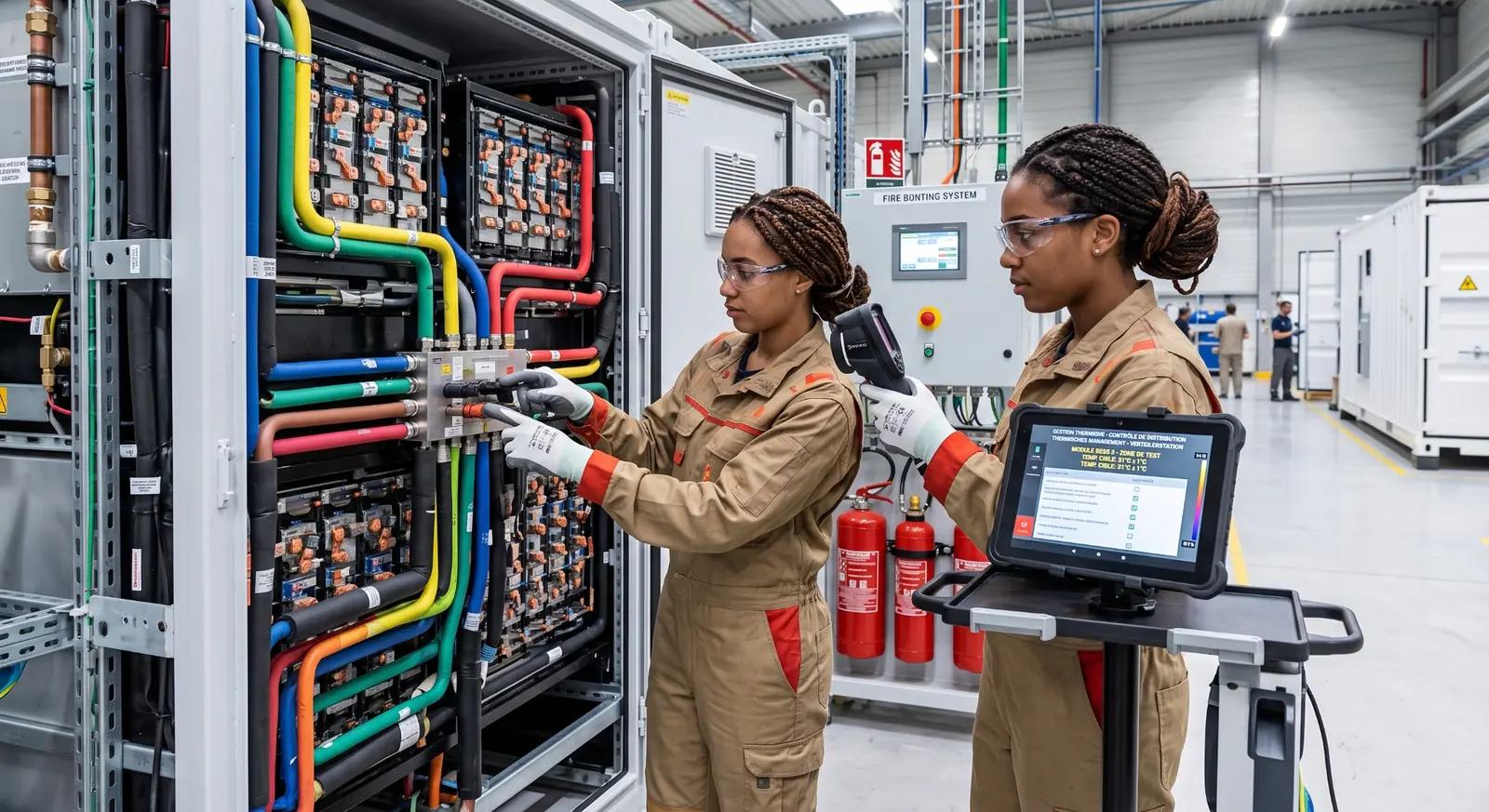 Engineers commissioning integrated electrical systems for a technical facility